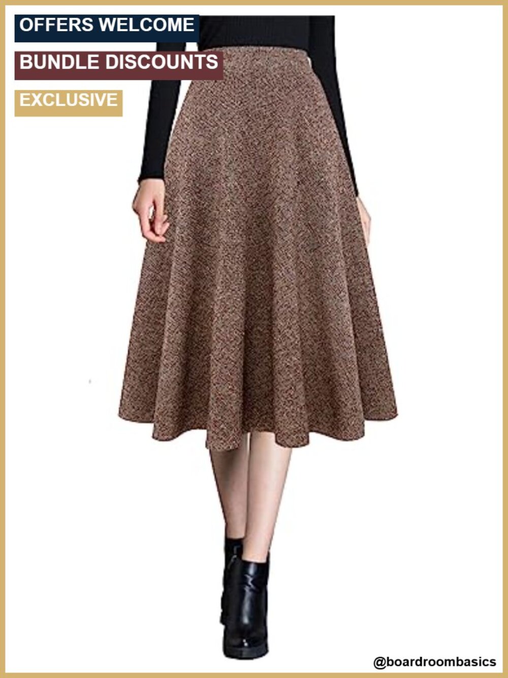 Wool Blend High Waist A-Line Midi Skirt with Pockets